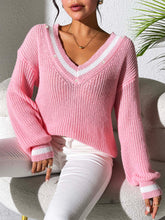 Load image into Gallery viewer, Contrast Trim V-Neck Long Sleeve Sweater