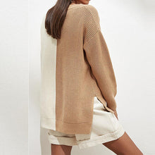 Load image into Gallery viewer, Contrast V-Neck Drop Shoulder Slit Sweater