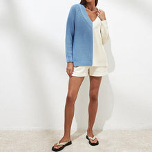 Load image into Gallery viewer, Contrast V-Neck Drop Shoulder Slit Sweater