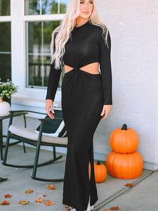 Cutout Round Neck Long Sleeve Slit Maxi Dress