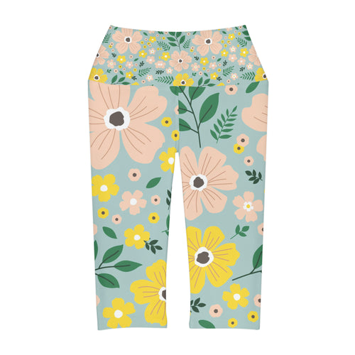 Blue Floral Yoga Capri Leggings