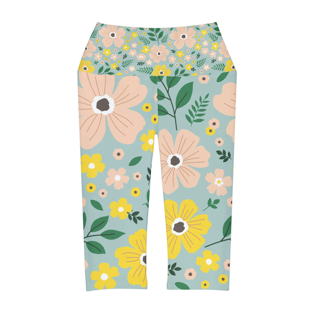 Blue Floral Yoga Capri Leggings