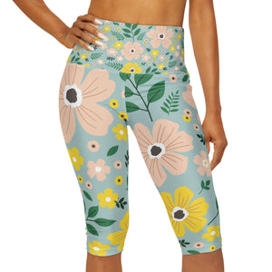 Blue Floral Yoga Capri Leggings