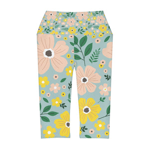 Blue Floral Yoga Capri Leggings