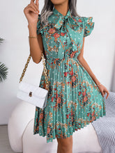 Load image into Gallery viewer, Pleated Floral Printed Tie Neck Knee Length Dress
