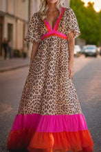 Load image into Gallery viewer, Full Size Leopard V-Neck Half Sleeve Maxi Dress