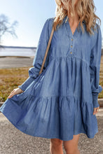 Load image into Gallery viewer, Tiered Johnny Collar Long Sleeve Denim Dress