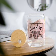 Load image into Gallery viewer, &quot;God is Within Her&quot; 16oz Glass with Bamboo Lid and Straw