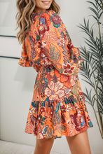 Load image into Gallery viewer, Tropical Print Tie Waist Lantern Sleeve Mini Dress