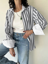 Load image into Gallery viewer, Striped Collared Neck Long Sleeve Shirt