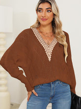 Load image into Gallery viewer, Lace Detail V-Neck Long Sleeve Sweater
