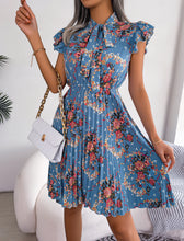 Load image into Gallery viewer, Pleated Floral Printed Tie Neck Knee Length Dress