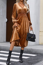 Load image into Gallery viewer, Surplice Balloon Sleeve Smocked Midi Dress
