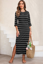 Load image into Gallery viewer, Slit Striped Round Neck Midi Dress