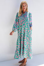 Load image into Gallery viewer, Smocked Printed Tie Neck Long Sleeve Dress
