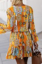 Load image into Gallery viewer, Printed Notched Neck Flounce Sleeve Dress