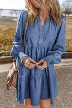 Load image into Gallery viewer, Tiered Johnny Collar Long Sleeve Denim Dress