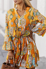 Load image into Gallery viewer, Printed Notched Neck Flounce Sleeve Dress