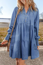 Load image into Gallery viewer, Tiered Johnny Collar Long Sleeve Denim Dress