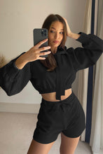 Load image into Gallery viewer, Drawstring Long Sleeve Hooded Top and Shorts Set