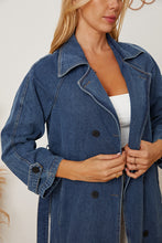 Load image into Gallery viewer, Double-Breasted Belted Longline Denim Jacket