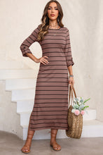 Load image into Gallery viewer, Slit Striped Round Neck Midi Dress