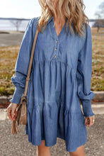 Load image into Gallery viewer, Tiered Johnny Collar Long Sleeve Denim Dress