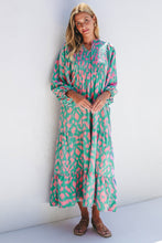 Load image into Gallery viewer, Smocked Printed Tie Neck Long Sleeve Dress