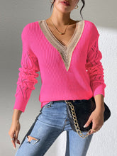 Load image into Gallery viewer, Openwork V-Neck Long Sleeve Sweater