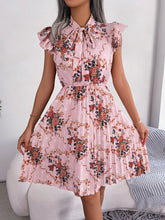 Load image into Gallery viewer, Pleated Floral Printed Tie Neck Knee Length Dress