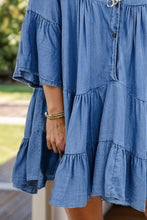 Load image into Gallery viewer, Notched Flare Sleeve Denim Dress