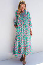 Load image into Gallery viewer, Smocked Printed Tie Neck Long Sleeve Dress