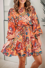 Load image into Gallery viewer, Tropical Print Tie Waist Lantern Sleeve Mini Dress