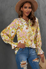 Load image into Gallery viewer, Floral Frill Trim Tie Neck Flounce Sleeve Blouse