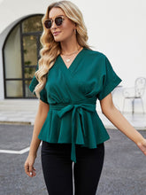 Load image into Gallery viewer, Surplice Neck Short Sleeve Front Tie Ruffle Hem Blouse