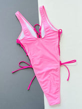 Load image into Gallery viewer, Pink Lace-Up Deep V Sleeveless One-Piece Swimsuit