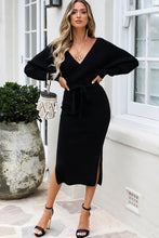 Load image into Gallery viewer, Surplice Neck Bow Waist Slit Sweater Dress
