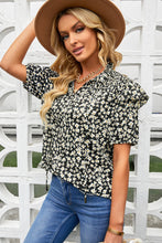 Load image into Gallery viewer, Floral Smocked Ruffle Shoulder Tie Neck Top