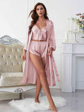 Load image into Gallery viewer, Satin V-Neck Cami, Shorts, and Belted Robe Pajama Set