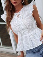 Load image into Gallery viewer, Notched Neck Flutter Sleeve Eyelet Blouse