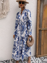 Load image into Gallery viewer, Printed Tie Waist Notched Neck Midi Dress