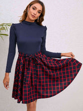 Load image into Gallery viewer, Plaid Tie Waist Ruffle Shoulder Dress