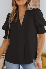 Load image into Gallery viewer, Smocked Flounce Sleeve Notched Neck Blouse