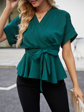 Load image into Gallery viewer, Surplice Neck Short Sleeve Front Tie Ruffle Hem Blouse