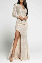 Load image into Gallery viewer, Sequin Cutout Ruched Split Long Sleeve Maxi Dress