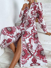 Load image into Gallery viewer, Printed Tie Waist Notched Neck Midi Dress