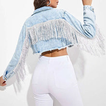 Load image into Gallery viewer, Fringe Detail Long Sleeve Cropped Denim Jacket