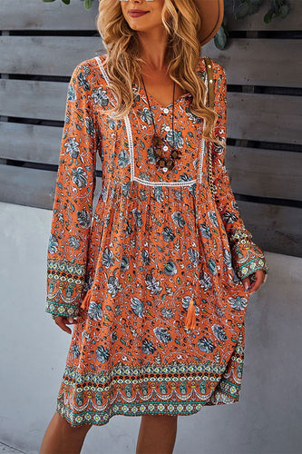Bohemian V-Neck Knee Length Dress