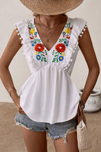 Load image into Gallery viewer, Embroidered Pom-Pom Trim Cap Sleeve Babydoll Top