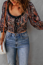 Load image into Gallery viewer, Printed Buttoned Balloon Sleeve Cropped Blouse
